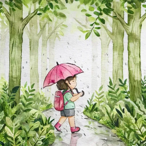 Prompt: Child holding umbrella, green forest, walking trail, raining, picturesque, gentle color spread, high quality, naturalistic, scenic, detailed foliage, serene atmosphere, peaceful, rainy day, outdoor, refreshing, gentle raindrops, soft lighting, immersive, tranquil setting