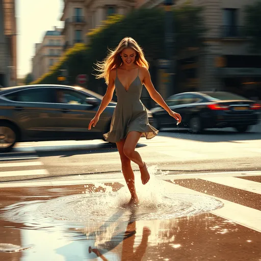 Prompt: (graceful emma watson stepping on water), street corner scene, (dynamic splash effect), fast-moving car zooming by, motion blur for added drama, vibrant urban atmosphere, reflections on wet pavement, (highly detailed), sunny day lighting, warm tones, (cinematic perspective), capturing the fleeting moment of joy and excitement.