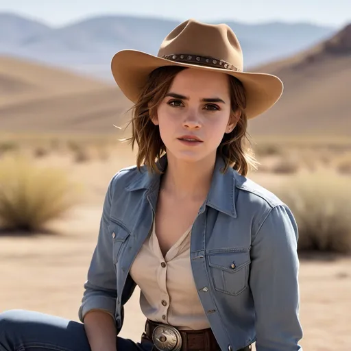 Prompt: Emma Watson as a (cow girl), wearing a classic western outfit, denim jeans and a cowboy hat, in a (dusty, sunlit) desert landscape, with rolling hills and a clear blue sky, evoking a (vintage western movie) feel, highlighting her determined expression, with warm sunlight creating striking (high contrast) shadows, (ultra-detailed) and (photorealistic) quality.