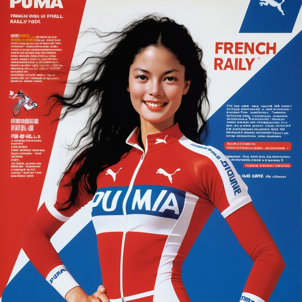 Prompt: Puma company advertising poster.  
french cycling rally,  stadium, michael jackson concert,
(full body portrait), beautiful heavenly cute female figure, (chinese descent), pilate, slit eye, hint of smile, showing defined abs, lithe strong body,  striking rimmed google,  (sports red and white layered shirts), bold use of color (black, red, blue, white), high-contrast composition,(ultra-detailed), stylish and modern vibe, striking visual contrasts, (high quality, 4K).