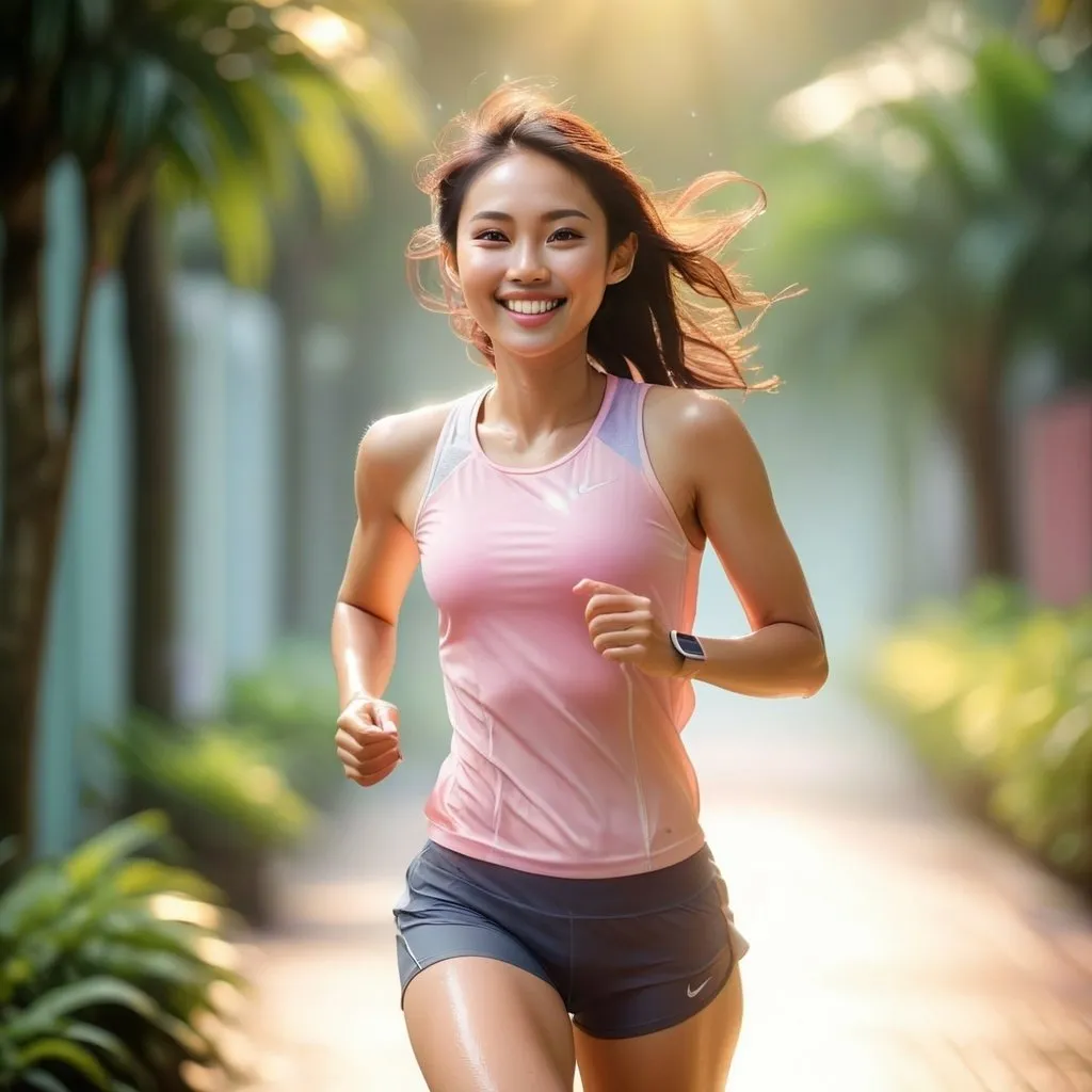 Prompt: Dreamy pastel full body portrait, 30 years old singapore heavenly beauty running in sports wear, white teeth, sunshine smiles, sweaty, wet, hot sensual ethereal atmosphere, soft focus