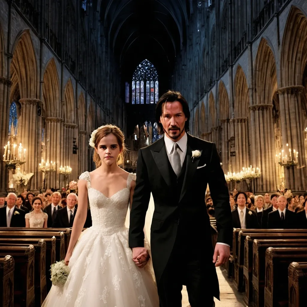 Prompt: London city, 
,midnight, cathedral,

 emma  watson is the bride in wedding ceremony.
Groom is keanu reeves.