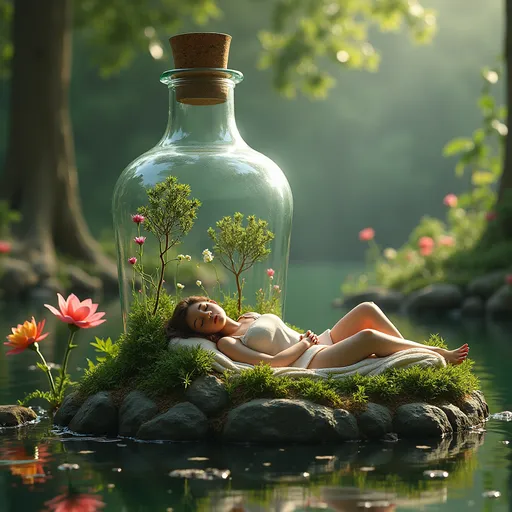 Prompt: **Hyper-Realistic Photograph:** An incredibly detailed, professional photograph of a giant glass bottle, inside has a garden and pond. has two tiny stunning young women sleeping peacefully..