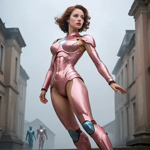 Prompt: year 1950, ironman universe,  normandy war zone, 
20  years old italian version goddess aphrodite in pastel pink ironman full body uniform, high heel iron boots, blue eyes , with short brown hair, heavenly beauty,
 detail face, delicate body,  dance in the sky, mist surrounding, mystic atmosphere, raining
