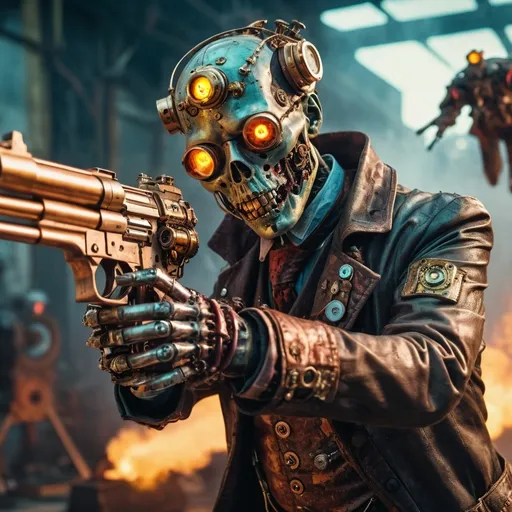 Prompt: multi media creation of a portrait of a enigma android.
steampunk, biopunk, 

zombies flying.   Guns firing.

vibrant atmosphere, captivating energy, (photorealistic), high-resolution, ultra-detailed, professional photography, (stunning visuals), 4K