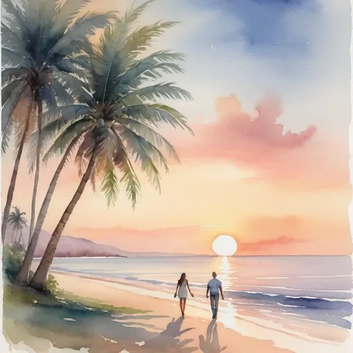 Prompt: Watercolor painting of a serene beach scene, tall coconut tree in the foreground, couple walking into the sunset with long shadows, soft and dreamy sunset hues, high quality, watercolor, beach, romantic, tropical, serene, coconut tree, sunset, long shadows, dreamy colors, peaceful atmosphere