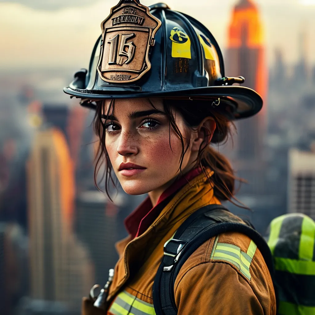 Prompt: (twin towers, 1999 New York City, Emma Watson as a firefighter, bold pose, intense expression, fire hat and gear, dramatic high-rise backdrop, smoky atmosphere, warm sunset colors blending with cool gray, cinematic depth, heroic vibe, ultra-detailed, high-quality rendering)