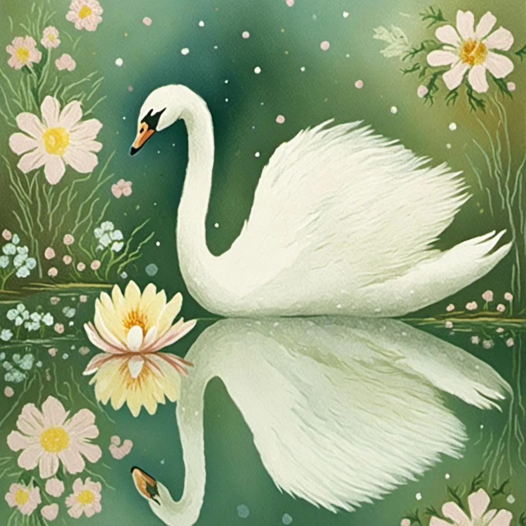 Prompt: <mymodel>
colourful swan in a mirror reflection.