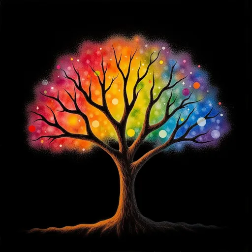 Prompt: multi-color tree shaped light painting black backdrop, minimalistic, elegant line design.  various light source