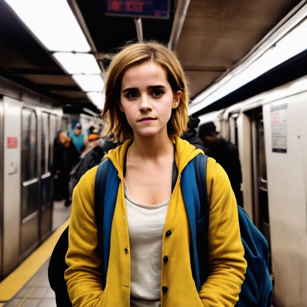 Prompt: emma  watson is a homeless girl in the subway