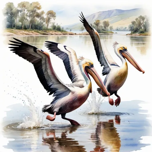 Prompt: Pelicans running towards the lake.  Jumping into glittering water.    From bottom view up from their leg.   Full detail body view.   Water colour.  Children behind. 

