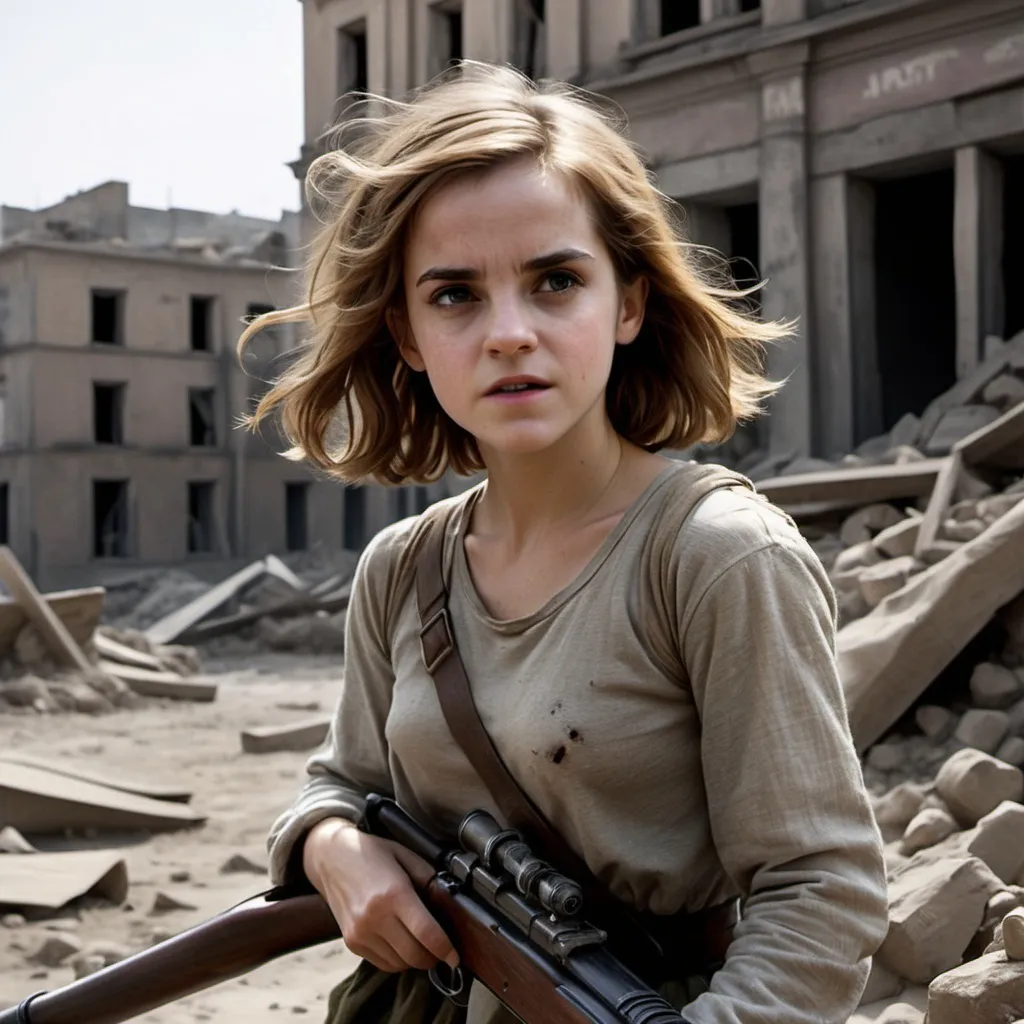 Prompt: 1943.
Stalingrad.
Emma Watson is a Russian female sniper.
intensive glare.
dirty torn small t-shirt show abs.