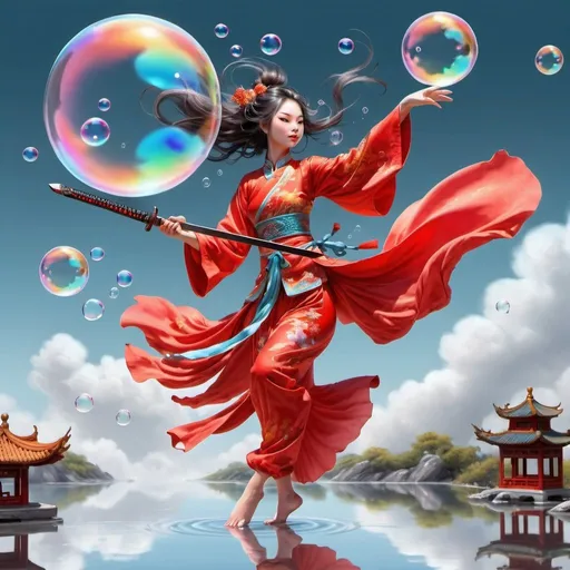 Prompt: vivid color. windy. bubbles. reflection.  chinese fairy  . full body in detail.  realistic photos. sword play.  dreamy eye.  red cheek. sweats.  no back ground.  floating in sky