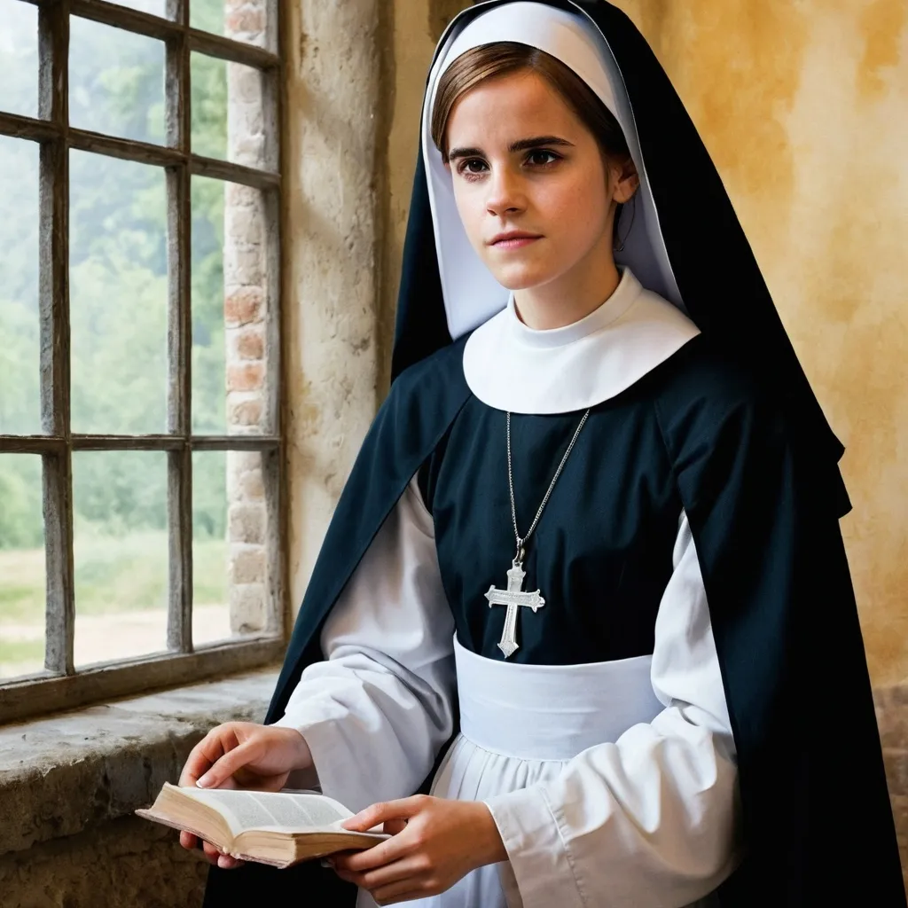 Prompt: 1200,
europe, germany,

emma watson is a devoted nun is a convent.
Heavenly beauty. holy. praying.

water colour. full body prainting.