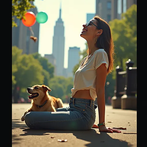 Prompt: New york, central park., woman pee on the ground,  hint of smile, tabloid art, t-shirt and jeans, abs,   (in the sky, 3 balloons flying away.),  (left side,  a cute dog barking). sun halo on her.