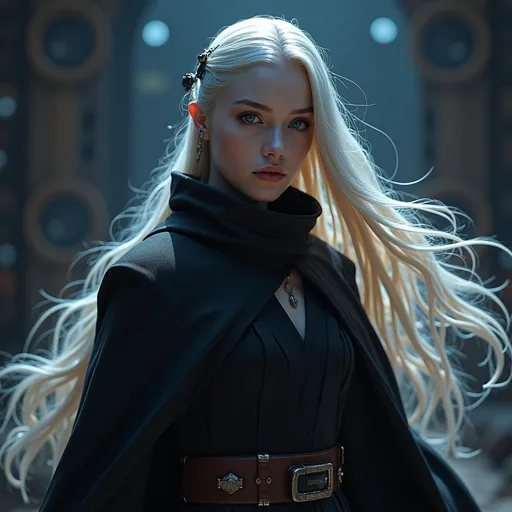 Prompt: (starwars universe), (steampunk uniform),
(jedi), (hyper-realistic beautiful and sensual woman), (very long flowing hair), pale skin, (black high-tech clothes), (space backdrop), (futuristic world), ethereal ambiance, 
 influenced by catholic art, (cinematic lighting), mysterious atmosphere, deep starscape, vibrant cosmic colors, blending tradition with modernity, enchanting presence, inviting gaze, intricate technologies surrounding her, ultra-detailed, HD quality.