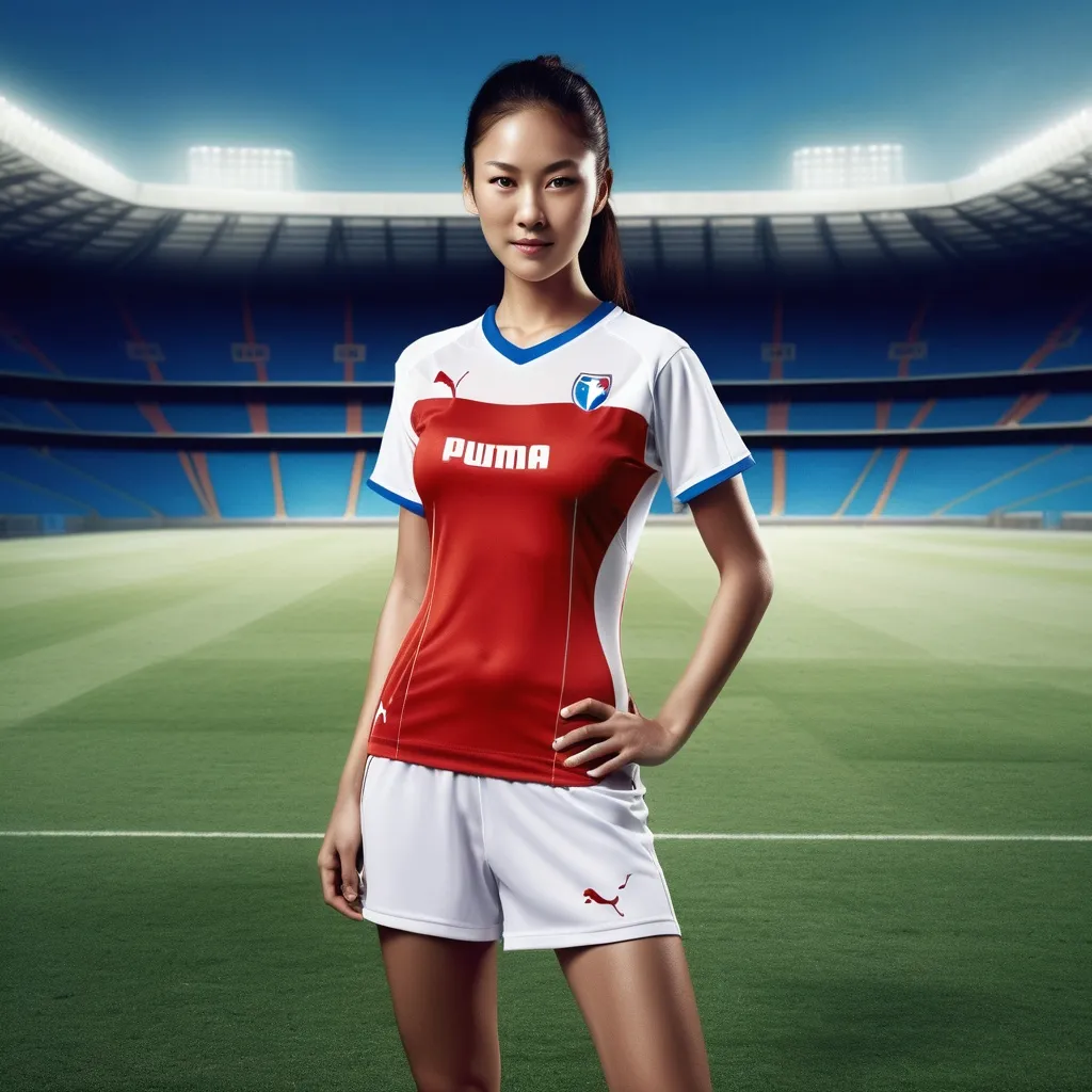 Prompt: Puma company advertising poster.  
soccer field,  stadium,
(full body portrait), beautiful heavenly cute female figure, (chinese descent), pilate, slit eye, hint of smile, showing defined abs, lithe strong body,  striking rimmed google,  (sports red and white layered shirts), bold use of color (black, red, blue, white), high-contrast composition,(ultra-detailed), stylish and modern vibe, striking visual contrasts, (high quality, 4K).