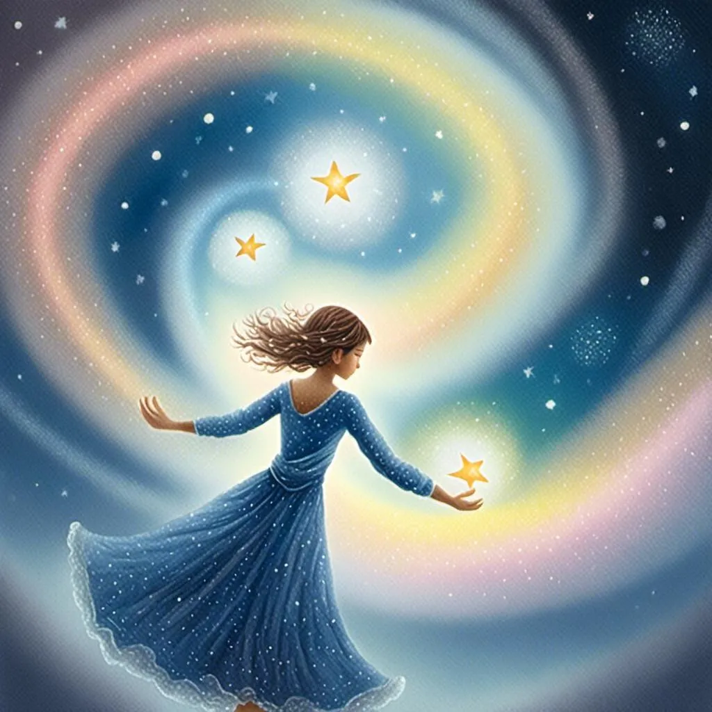 Prompt: <mymodel> <mymodel> a woman in a blue dress holding a star in her hand and a rainbow swirl around her body, with stars in the sky, Anne Stokes, fantasy art, highly detailed digital painting, a detailed painting