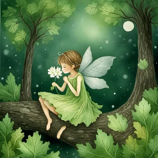 Prompt: <mymodel> a super tiny fairy girl sitting on a green leaf plant, tiny fairy.  in a big dark forest.  moon light from a old forest tree left side. detail forest