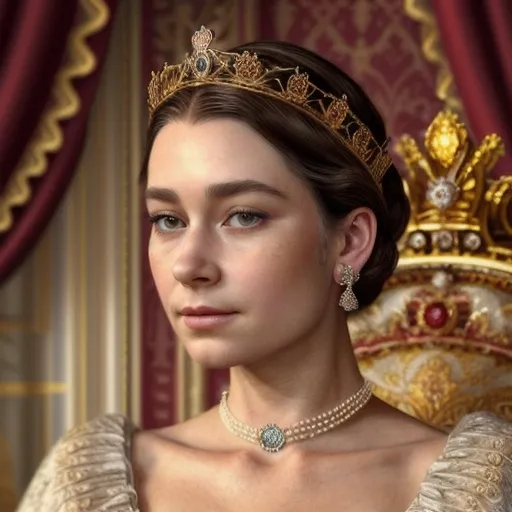 Prompt: photorealistic, (Audrey Hamm as the Queen of England), regal attire, luxurious crown, intricate details, soft lighting highlighting her facial features, majestic ambiance, elaborate backdrop of Buckingham Palace, warm colors, opulent textures, serene expression, ultra-detailed, capturing the essence of monarchy and elegance.