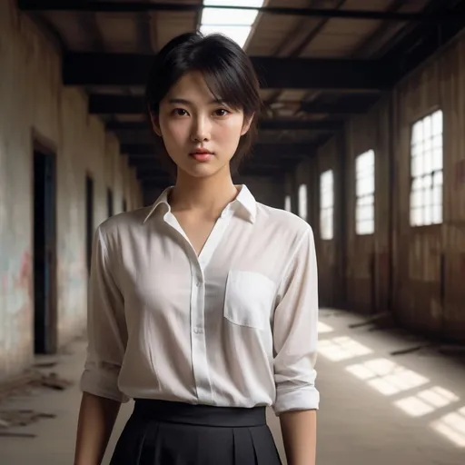 Prompt: 007 movie setting.  in an old smokey warehouse. low ceiling lights. 
(((30 years old  soft heavenly beautiful asian girl as principle in a school hallways ))), boyish hair, small nose, small delicate lips, white blouse, black pensil tight skirt, short dark hair, flush cheeks, grossy lips.

warm smile, bright eyes, in love, happy.


 high quality, soft expression, dynamic lighting,   digital illustration, vibrant colors, 
, in love, perfect anatomy, highly detailed,((photorealistic)), ((hyperrealistic))

 (((full body))) 

128k resolution. 

 Zeiss Sonnar F 150mm f/2.8
 in the style of Paul Barson

