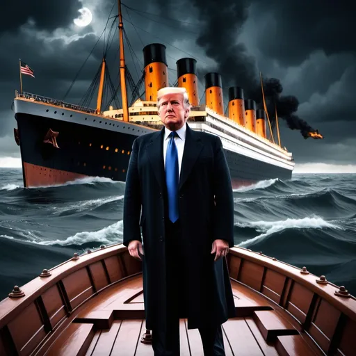 Prompt: 1920, ship titanic sinking astern.
photo of panic donald trump on rescue boat half in water
(( black secret service agent))
mysterious atmosphere.
night sky.