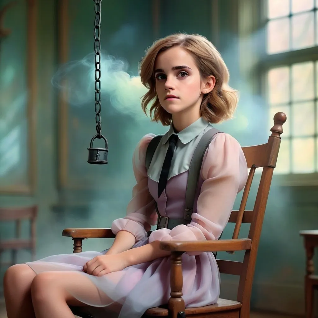 Prompt: Dreamy pastel portrait,  beautiful young heavenly  emma watson  witch  a school chair,  handcuffed to ceiling, sensual ethereal atmosphere, soft focus