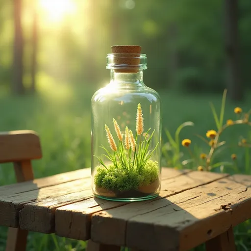 Prompt: ( human kpop girl), (innocent), (cute features), captured in a glass bottle, (vibrant greenery of trees and soft grass inside the bottle), (sunlight creating beautiful reflections on the glass), (rustic wooden table with delicate textures), enchanting ambiance, whimsical atmosphere, high quality, ultra-detailed, dreamlike scene.