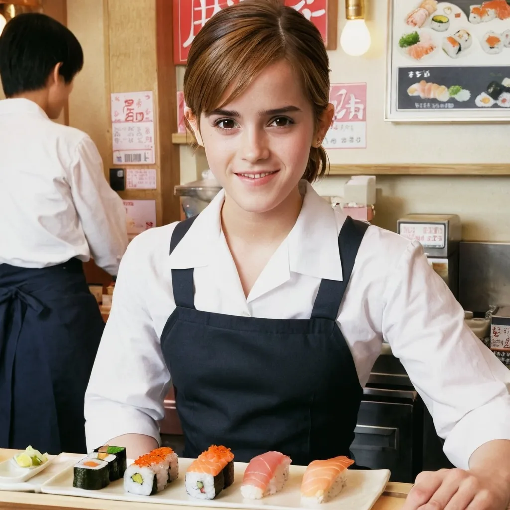 Prompt: 2003, japan, tokyo, kawai cafe,

emma watson wears waitress uniform.
serving sushi to customer.

detail delicate face. rosy cheek,
cute, happy atmosphere, peaceful.