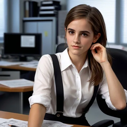 Prompt: 007 movie setting.  in an old smokey office.
(((20 years old emma watson as secretary in a office ))), white blouse, black pensil tight skirt, long flowing hair in a bund.

warm smile, bright eyes, in love, happy.


 high quality, soft expression, dynamic lighting,   digital illustration, vibrant colors, 
, in love, perfect anatomy, highly detailed,((photorealistic)), ((hyperrealistic))

 (((full body))) 

128k resolution. 

 Zeiss Sonnar F 150mm f/2.8
 in the style of Paul Barson

