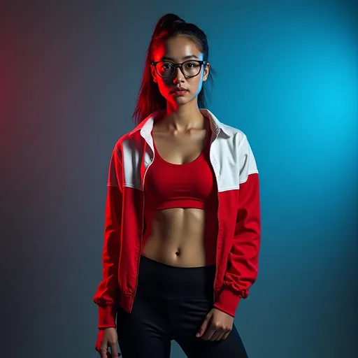 Prompt: Nike company advertising poster.  (JUST DO IT)
(full body portrait), beautiful female figure, (Asian descent), showing defined abs, lithe strong body,  striking rimmed glasses,  (sports red and white layered shirts), bold use of color (black, red, white), high-contrast composition,  (studio light blue from right) ,  (studio light white from left side), (ultra-detailed), stylish and modern vibe, striking visual contrasts, (high quality, 4K).