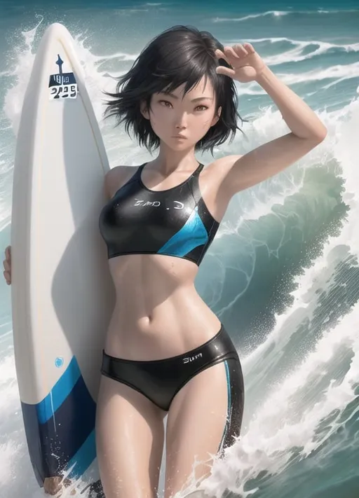 Prompt: wave surfing,   25-year-old sporty chinese woman, dark short  hair,  sun burned, beach, oily,  fit , lithe, tidy hair,  detail body, full body view, l, dramatic lighting,, swim suite, professional, highres, dramatic lighting, dramatic shadows, detailed eyes, oil painting, front view