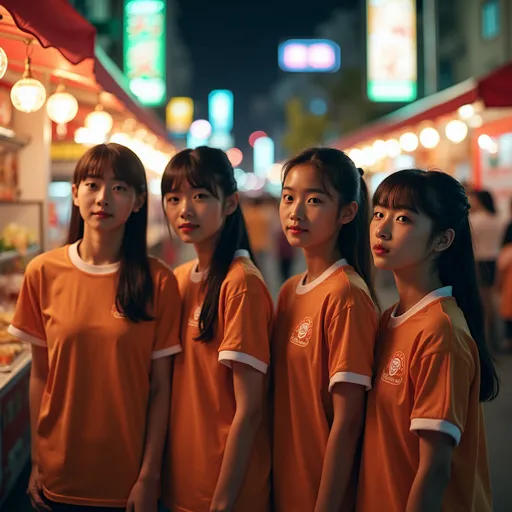 Prompt: four Asian high school girl  in sports attire, (elegant attire),  taiwan night market street performance, vibrant busy street, lively food vendor, bright neon lights illuminating surroundings, shadows cast dramatically, bustling atmosphere,  delicious food stalls in background, people strolling by, (highly detailed), (cinematic), (4K quality).