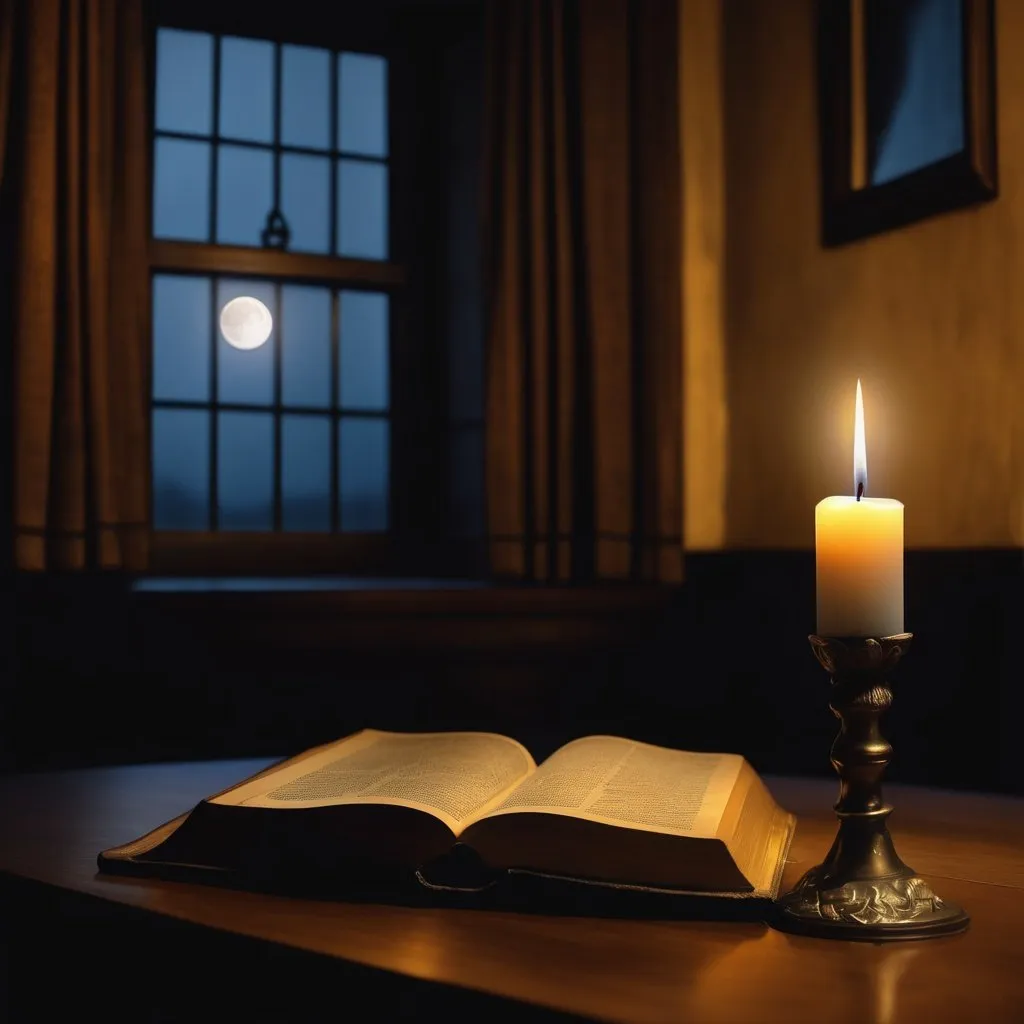 Prompt: one small Lighted candle on a candle stand sitting on a big old table, a bible on the table,  in a dark room.  moon light from a window with curtains. detail room and detail windows