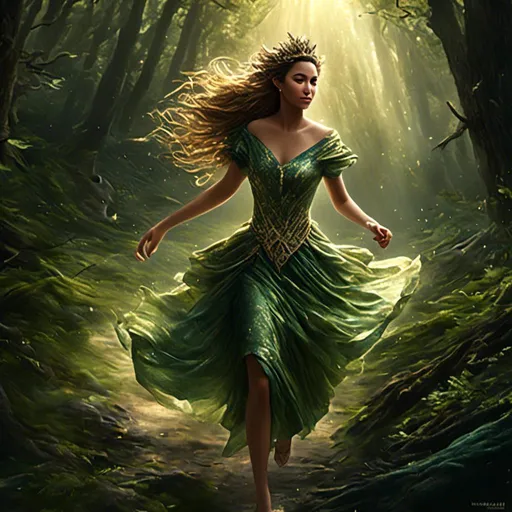 Prompt: <mymodel>Majestic illustration of a princess running through a dense forest, sunlight shining from the back, high quality, detailed wet dress with natural textures, intense and focused gaze,  realistic, forest green tones, dramatic lighting. 