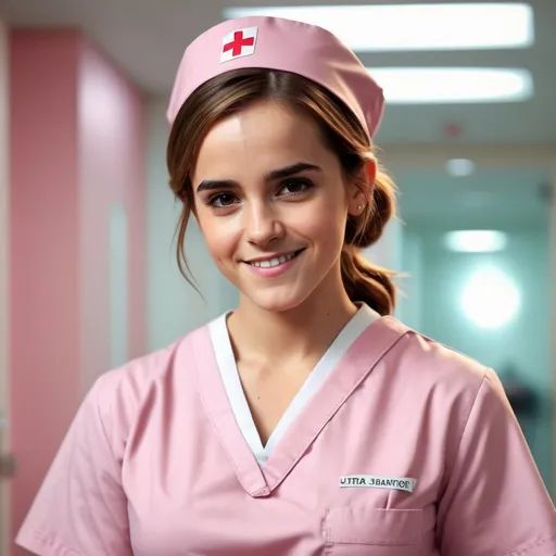 Prompt: (cute nurse in pink uniform), Emma Watson, charming smile, gentle expression, modern medical setting, soft lighting, warm tones, detailed hospital background, high-quality, radiant atmosphere, expressive pose, friendly demeanor, stylish medical accessories, ultra-detailed, engaging appearance.