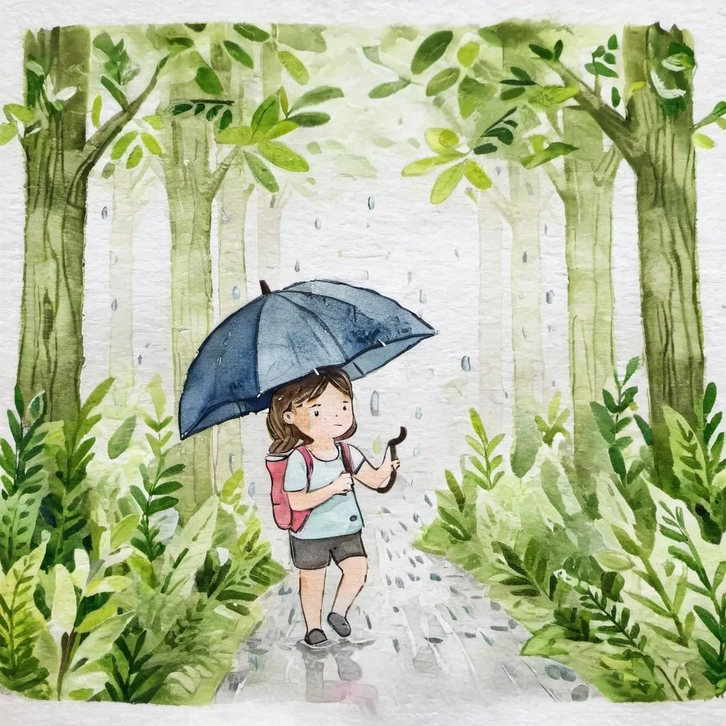 Prompt: Child holding umbrella, green forest, walking trail, raining, picturesque, gentle color spread, high quality, naturalistic, scenic, detailed foliage, serene atmosphere, peaceful, rainy day, outdoor, refreshing, gentle raindrops, soft lighting, immersive, tranquil setting