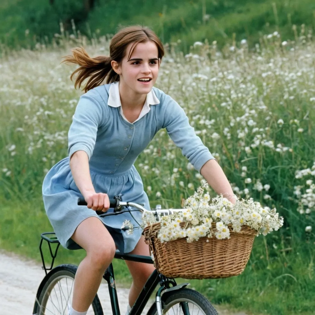 Prompt: 2003, sweden,
valley meadow, spring.
clear sky,

emma watson running on trail, bicycle, basket full of flowers.

detail delicate face. rosy cheek,
cute, happy atmosphere, peaceful.