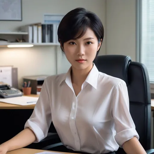 Prompt: 007 movie setting.  in an old smokey office.
(((30 years old  soft heavenly beautiful asian girl as secretary in a office ))), boyish hair, small nose, small delicate lips, white blouse, black pensil tight skirt, short dark hair, flush cheeks, grossy lips.

warm smile, bright eyes, in love, happy.


 high quality, soft expression, dynamic lighting,   digital illustration, vibrant colors, 
, in love, perfect anatomy, highly detailed,((photorealistic)), ((hyperrealistic))

 (((full body))) 

128k resolution. 

 Zeiss Sonnar F 150mm f/2.8
 in the style of Paul Barson

