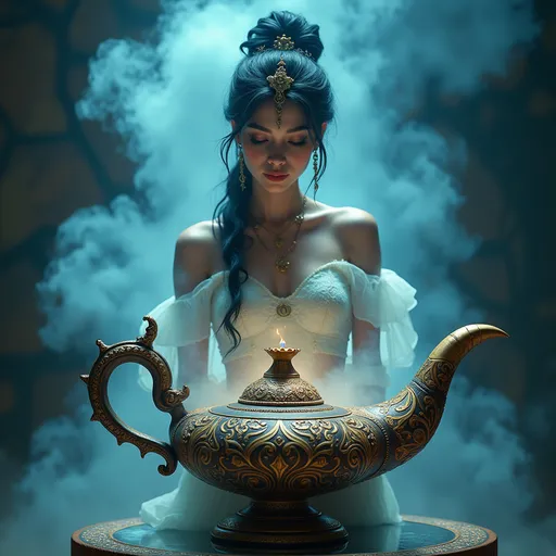 Prompt: (pretty female genie), (steampunk style), ((genie appearing above swirling smoke)), intricate and highly detailed background within a genie lamp, (cool and pastel color tones),  rich texture and shading for depth, (ultra-detailed, HD) quality, enchanting and mysterious ambiance, dramatic lighting accentuating the genie and intricate lamp design.