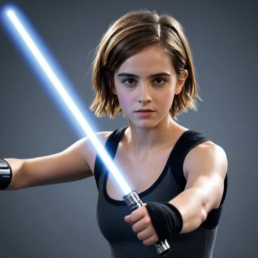 Prompt: stars war movie setting.  on death star.
(((20 years old emma watson in tight fit sports wear with light sabre ))),  

(long exposure movement)
 battle stance

 high quality, soft expression, dynamic lighting,   digital illustration, vibrant colors, 
, in love, perfect anatomy, highly detailed,((photorealistic)), ((hyperrealistic))

 (((full body))) 

128k resolution. 

 Zeiss Sonnar F 150mm f/2.8
 in the style of Paul Barson

