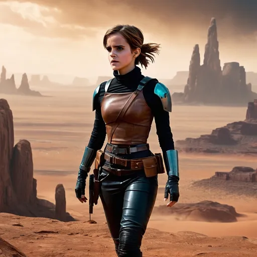 Prompt: (starwars movie scene),  God's view, (stunning beautiful cute emma wATSON  in bounty hunter outfit), jump off a building,  breathtaking digital landscape, futuristic desert imbued with raindrops, dramatic contrasts, vibrant colors accentuate the action, tense ambiance, high-intensity mood, (4K ultra-detailed), cinematic lighting creates depth, bold shadows, innovative architecture unfolding in the background, a blend of reality and illusion, mesmerizing visual storytelling.