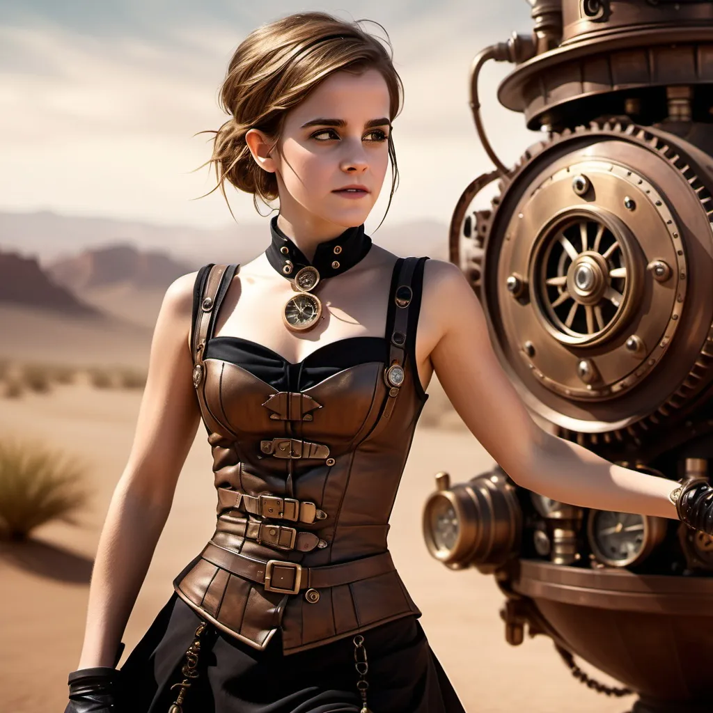 Prompt: photorealistic, (steampunk art), 
emma watson  in a steampunk con dress, (argumentized hands), abs, (desert background),  dynamic poses,  warm and cool color contrasts, ultra-detailed, sleek design, atmospheric and immersive setting, night scene with a sense of adventure and intrigue.