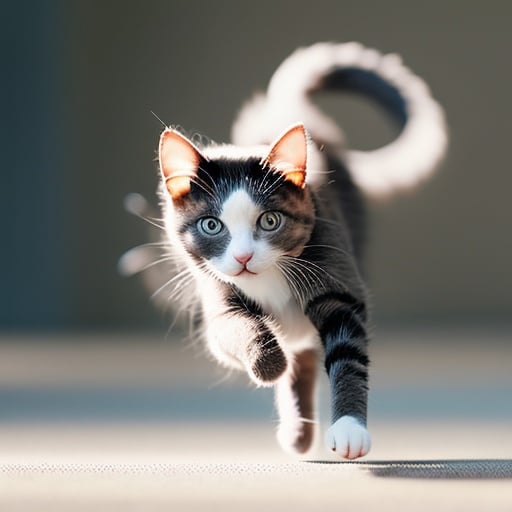 Prompt: <mymodel> cat running in a round chase tail. detail fur. sunlit. windy.  


