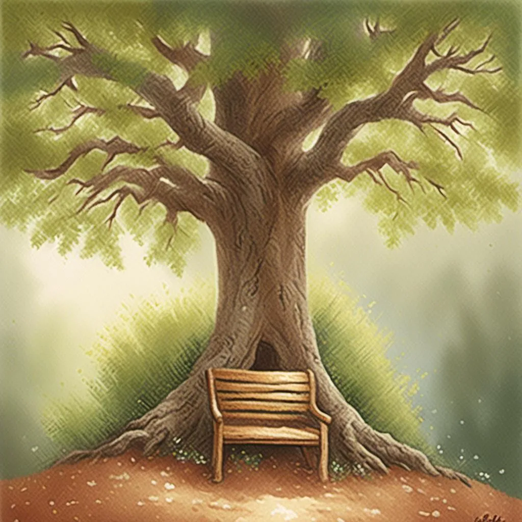 Prompt: <mymodel>Giant tree casting dappled shade on a cozy chair and table, peaceful forest setting, warm natural lighting, traditional painting, high quality, detailed bark texture, serene atmosphere, inviting seating area, tranquil, leafy canopy, lush greenery, scenic view, rustic wooden furniture