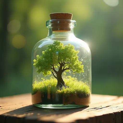 Prompt: ( human kpop girl), (innocent), (cute features), captured in a glass bottle, (vibrant greenery of trees and soft grass inside the bottle), (sunlight creating beautiful reflections on the glass), (rustic wooden table with delicate textures), enchanting ambiance, whimsical atmosphere, high quality, ultra-detailed, dreamlike scene.