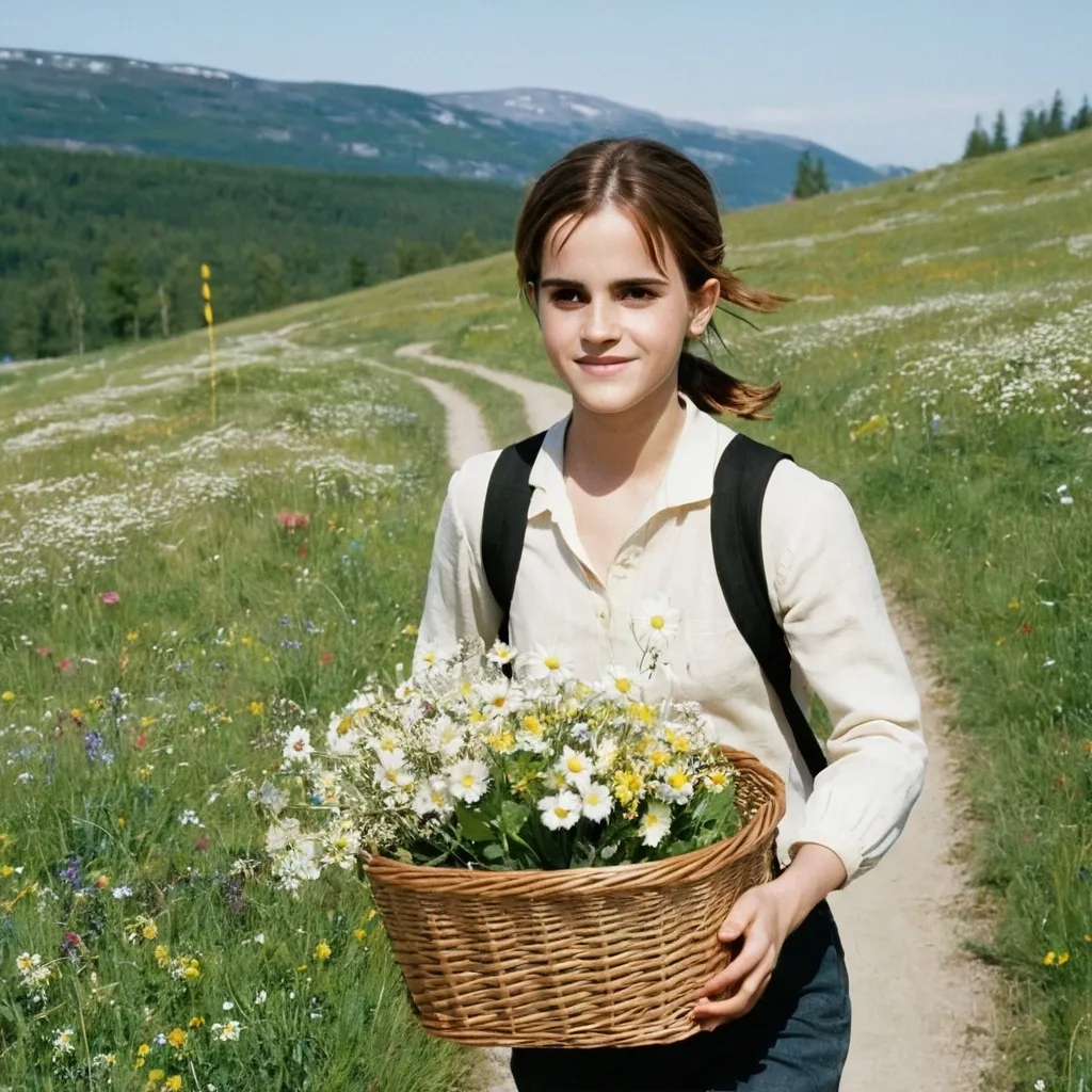 Prompt: 2003, sweden,
valley meadow, spring.
clear sky,

emma watson walking on trail, basket full of flowers.

detail delicate face.
cute, happy atmosphere, peaceful.