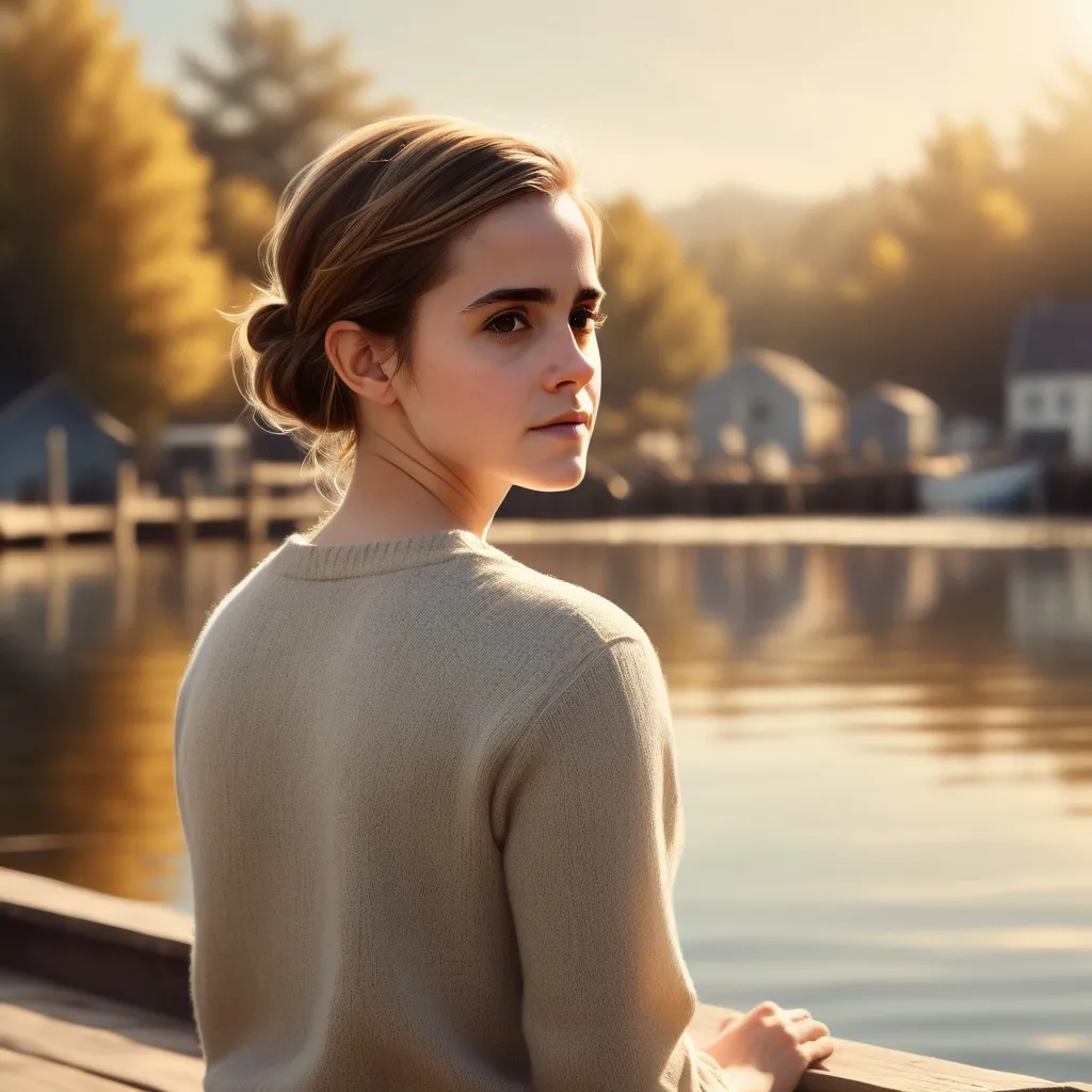 Prompt: (Emma Watson character), fishing on a sunlit wharf, serene and contemplative atmosphere, soft bokeh background creating a dreamy effect, gentle waves lapping at the side, warm golden hues reflecting off water, tranquil ambiance, nature surrounding, high detail, ultra-realistic rendering, captivating lighting, rich textures that evoke feeling and depth, nature's calmness personified.