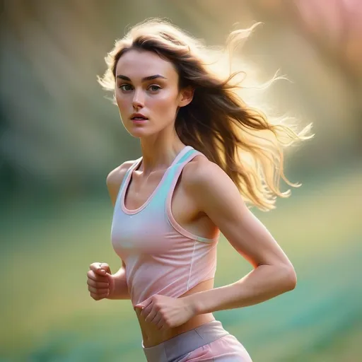 Prompt: Dreamy pastel portrait, keiry knightley running in sports wear, sensual ethereal atmosphere, soft focus
