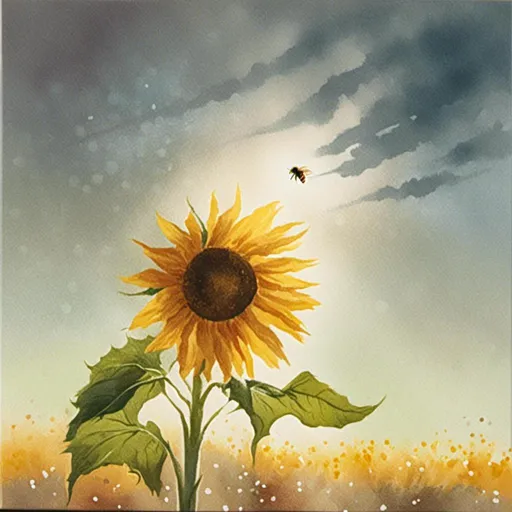 Prompt: <mymodel> vivid early morning, one big sunflower with bee on it,   long shadows